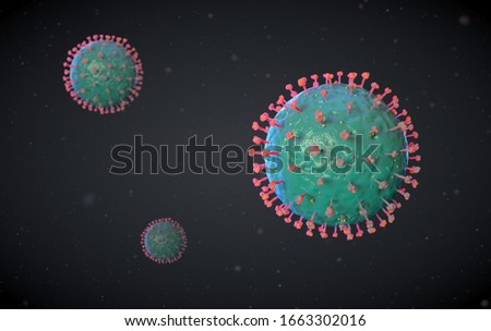 Covid 19 Corona Virus SARS Cell. Microscopic realistic 3D illustration close up shot of multiple virus cells with envelope and envelope proteins on a dark background 
