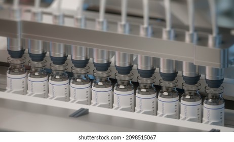 COVID 19 Coronavirus Vaccine Ampules, Bottles Development. Machine Puts Bottle Caps. Pharmaceutical Mass Production Line, Manufacturing Row Or Conveyor Belt. Pharmacy Factory. Laboratory. 3D Render