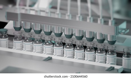 COVID 19 Coronavirus Vaccine Ampules, Bottles Development. Machine Puts Bottle Caps. Pharmaceutical Mass Production Line, Manufacturing Row Or Conveyor Belt. Pharmacy Factory. Laboratory. 3D Render