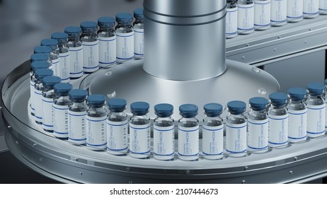 COVID 19 Coronavirus Vaccine Ampules Or Bottles Development. Pharmaceutical Production Line, Manufacturing Row, Conveyor. Pharmacy Factory. Laboratory Research. Medical 3D Render Concept Illustration