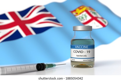 COVID 19 Fiji Vaccine Approved And Delivered.  Fiji Vaccination Against Corona Virus SARS CoV 2, NCoV 2020 2021. Vaccin Bottle And Fiji Flag. 3D Illustration