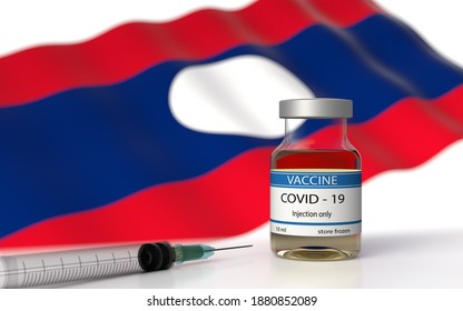 COVID 19 Laos Vaccine Approved And Delivered.  Laos Vaccination Against Corona Virus SARS CoV 2, NCoV 2020 2021. Vaccin Bottle And Laos Flag. 3D Illustration Omicron