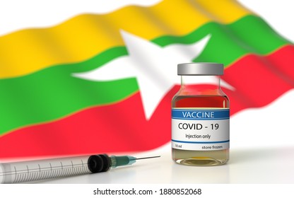 COVID 19 Myanmar Vaccine Approved And Delivered.  Myanmar Vaccination Against Corona Virus SARS CoV 2, NCoV 2020 2021. Vaccin Bottle And Myanmar Flag. 3D Illustration Omicron