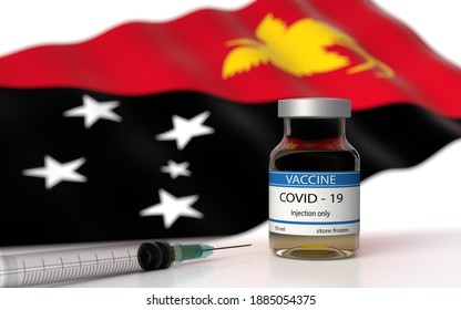 COVID 19 Papua New Guinea Vaccine approved and delivered.   Papua New Guinea Vaccination against Corona Virus SARS CoV 2, nCoV 2020 2021. Vaccin bottle and flag. 3D illustration