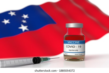 COVID 19 Samoa Vaccine Approved And Delivered.  Samoa Vaccination Against Corona Virus SARS CoV 2, NCoV 2020 2021. Vaccin Bottle And Samoa Flag. 3D Illustration