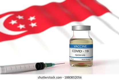 COVID 19 Singapore Vaccine Approved And Delivered.  Singapore. Vaccination Against Corona Virus SARS CoV 2, NCoV 2020 2021. Vaccin Bottle And Singapore Flag. 3D Illustration. Omicron