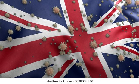 Covid 19 Virus On The UK Flag Corona Virus United Kingdom 3D Render 