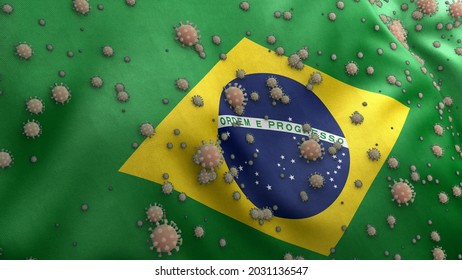 Covid 19 Virus Sticking On The Brazil Flag Corona Virus On Brazilian Flag 3D Render Delta Variant Bandeira Do Brasil