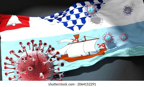 Covid In Belfast - Coronavirus Attacking A City Flag Of Belfast As A Symbol Of A Fight And Struggle With The Virus Pandemic In This City, 3d Illustration