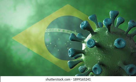 Covid Brazil Variant, Covid-19 Virus With Brazilian Flag. 3D Illustration.