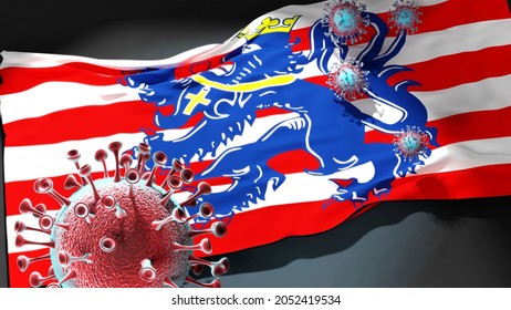 Covid in Bruges - coronavirus attacking a city flag of Bruges as a symbol of a fight and struggle with the virus pandemic in this city, 3d illustration