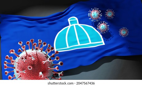 Covid in Durban South Africa - coronavirus attacking a city flag of Durban South Africa as a symbol of a fight and struggle with the virus pandemic in this city, 3d illustration