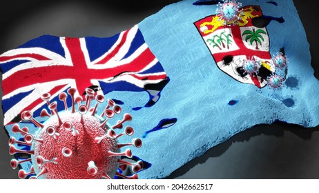 Covid In Fiji - Coronavirus Attacking A National Flag Of Fiji As A Symbol Of A Fight And Struggle With The Virus Pandemic In This Country, 3d Illustration