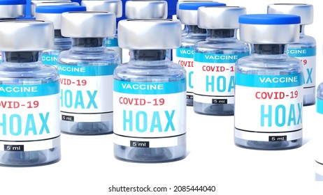 Covid Hoax - Vaccine Bottles With An English Label Hoax That Symbolize A Big Human Achievement That May End The Fight With The Coronavirus Pandemic, 3d Illustration
