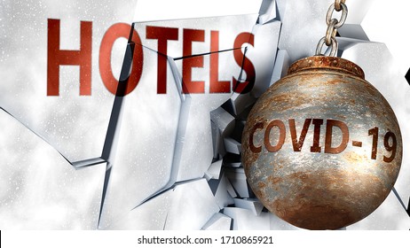 Covid And Hotels,  Symbolized By The Coronavirus Virus Destroying Word Hotels To Picture That The Virus Affects Hotels And Leads To Recession And Crisis, 3d Illustration