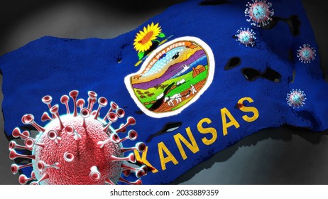 Covid In Kansas - Coronavirus Attacking A State Flag Of Kansas As A Symbol Of A Fight And Struggle With The Virus Pandemic In This State, 3d Illustration