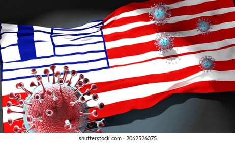 Covid in Lethbridge - coronavirus attacking a city flag of Lethbridge as a symbol of a fight and struggle with the virus pandemic in this city, 3d illustration