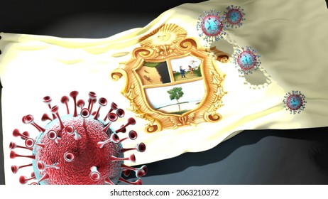 Covid In Manaus - Coronavirus Attacking A City Flag Of Manaus As A Symbol Of A Fight And Struggle With The Virus Pandemic In This City, 3d Illustration