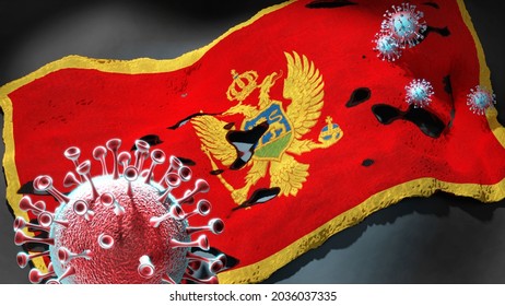 Covid In Montenegro - Coronavirus Attacking A National Flag Of Montenegro As A Symbol Of A Fight And Struggle With The Virus Pandemic In This Country, 3d Illustration