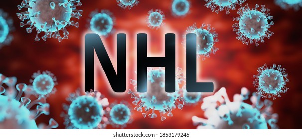 covid and nhl, pictured by word nhl and viruses to symbolize that nhl is related to corona pandemic and that epidemic affects nhl a lot, 3d illustration