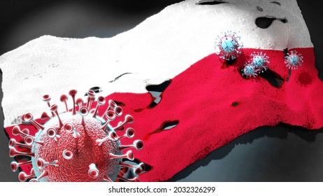 Covid In Poland - Coronavirus Attacking A National Flag Of Poland As A Symbol Of A Fight And Struggle With The Virus Pandemic In This Country, 3d Illustration