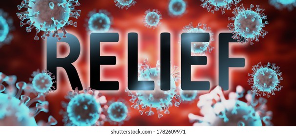 Covid And Relief, Pictured By Word Relief And Viruses To Symbolize That Relief Is Related To Corona Pandemic And That Epidemic Affects Relief A Lot, 3d Illustration