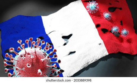 Covid In Saint Martin (French Part) - Coronavirus Attacking A National Flag Of Saint Martin (French Part) As A Symbol Of A Fight And Struggle With The Virus Pandemic In This Country, 3d Illustration