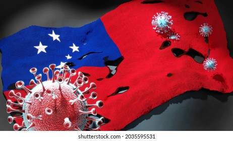 Covid In Samoa - Coronavirus Attacking A National Flag Of Samoa As A Symbol Of A Fight And Struggle With The Virus Pandemic In This Country, 3d Illustration