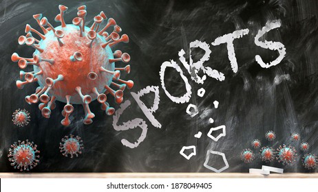 Covid And Sports - Covid-19 Viruses Breaking And Destroying Sports Written On A School Blackboard, 3d Illustration