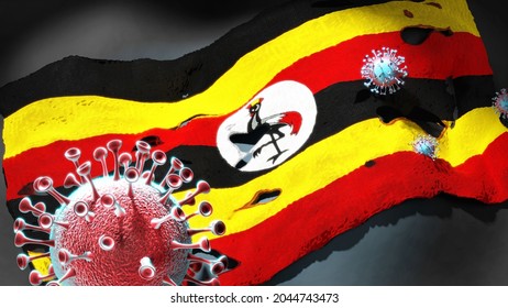 Covid In Uganda - Coronavirus Attacking A National Flag Of Uganda As A Symbol Of A Fight And Struggle With The Virus Pandemic In This Country, 3d Illustration