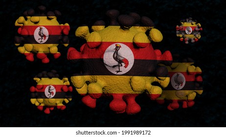 COVID In Uganda Country, 3d Concept Of Flag Above Coronaviruses