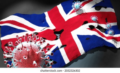 Covid In United Kingdom Of Great Britain And Northern Ireland - Coronavirus And A Flag Of United Kingdom Of Great Britain And Northern Ireland As A Symbol Of Pandemic In This Country, 3d Illustration