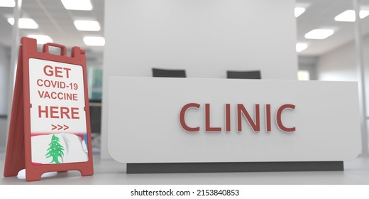 Covid Vaccine Center Signboard With Flag Of Lebanon. 3D Rendering