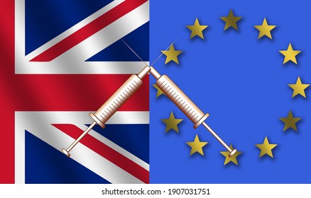 Covid Vaccine Syringes Over United Kingdom Union Jack And European Union Flags