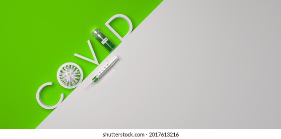 COVID Word, A Syringe, A Vaccine Bottle And A Virus Cell. Antiviral Vaccination. 3D Render Medical Background With Diagonal Design.