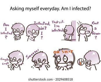 Covid-19 Asking Myself Everyday. Am I Infected Paranoid About Virus Transmission In People. Cartoon Character For Fun.