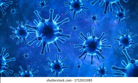 COVID-19 Blue Background, Corona Or Monkeypox Virus In Cell, 3d Illustration, SARS-CoV-2 Germs Under Microscope. Concept Of Monkey Pox, Science, Pattern, Bacteria, Delta And Omicron Variant Research.