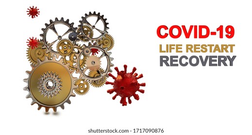 Covid-19 Coronavirus Gears  System Market  Recovey Life Restart New Day Future - 3d Rendering 