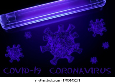 Covid-19 coronavirus molecules under ultraviolet, light on a black background. The concept of detection of a new dangerous virus