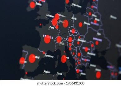 COVID-19 Coronavirus Pandemic On The Map Of Europe With Red Dots Of Infection Centers.