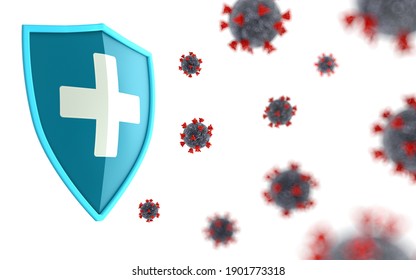 Covid-19 Coronavirus Shield Protection. Immunity System Sars 2 COV Protection. Pharmacy Medication Treatment Against Covid. 3D Illustration