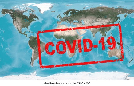 COVID-19 Coronavirus In World, COVID Stamp On Global Map. The Spread Of Corona Virus On Planet. Concept Of Travel And Business Restrictions, Economy Crisis. Elements Of Image Furnished By NASA.