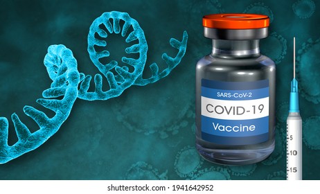 COVID-19 MRNA Vaccine. 2020 Coronavirus Pandemic. Single RNA Strand. Microscopic View Of Infectious SARS-CoV-2 Virus Cells. 3D Rendering