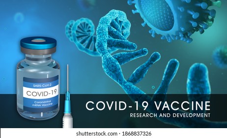 COVID-19 MRNA Vaccine. Research And Development. Single RNA Strand. 2020 Coronavirus Pandemic. Microscopic View Of A Infectious SARS-CoV-2 Virus Cell. 3D Rendering