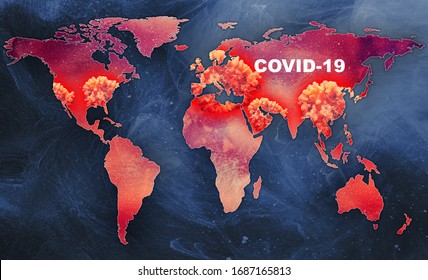 COVID-19 Pandemic Outbreak Zones. Infected World. Global Map In Red Smoke On Blue Abstract Background 3d Rendering.