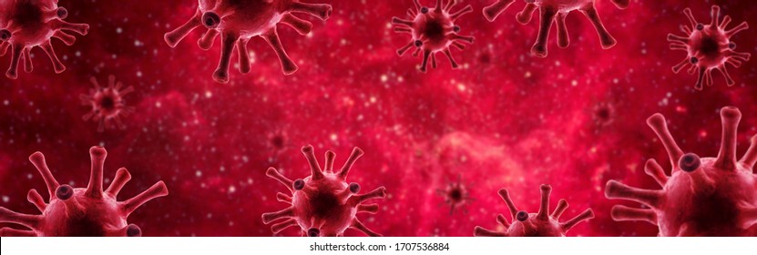 COVID-19 panoramic background for website header, 3d illustration, variant of SARS-CoV-2 pathogen under microscope in cell. Banner with corona virus vaccine research, smallpox, germ and macro theme.