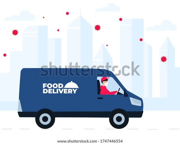 COVID-19. Quarantine in the city. Virus\
epidemic.Delivery man delivers food to the city infected with\
coronavirus for quarantined\
people
