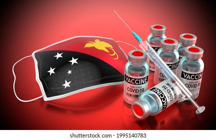 Covid-19, SARS-CoV-2, coronavirus vaccination program in Papua New Guinea - face mask, vials, syringe - 3D illustration