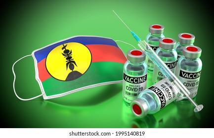 Covid-19, SARS-CoV-2, Coronavirus Vaccination Program In New Caledonia - Face Mask, Vials, Syringe - 3D Illustration