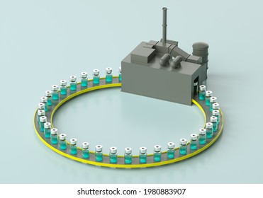 Covid-19, SARS-CoV-2, Coronavirus Vaccine Vials On Production Line - Factory Concept - 3D Illustration